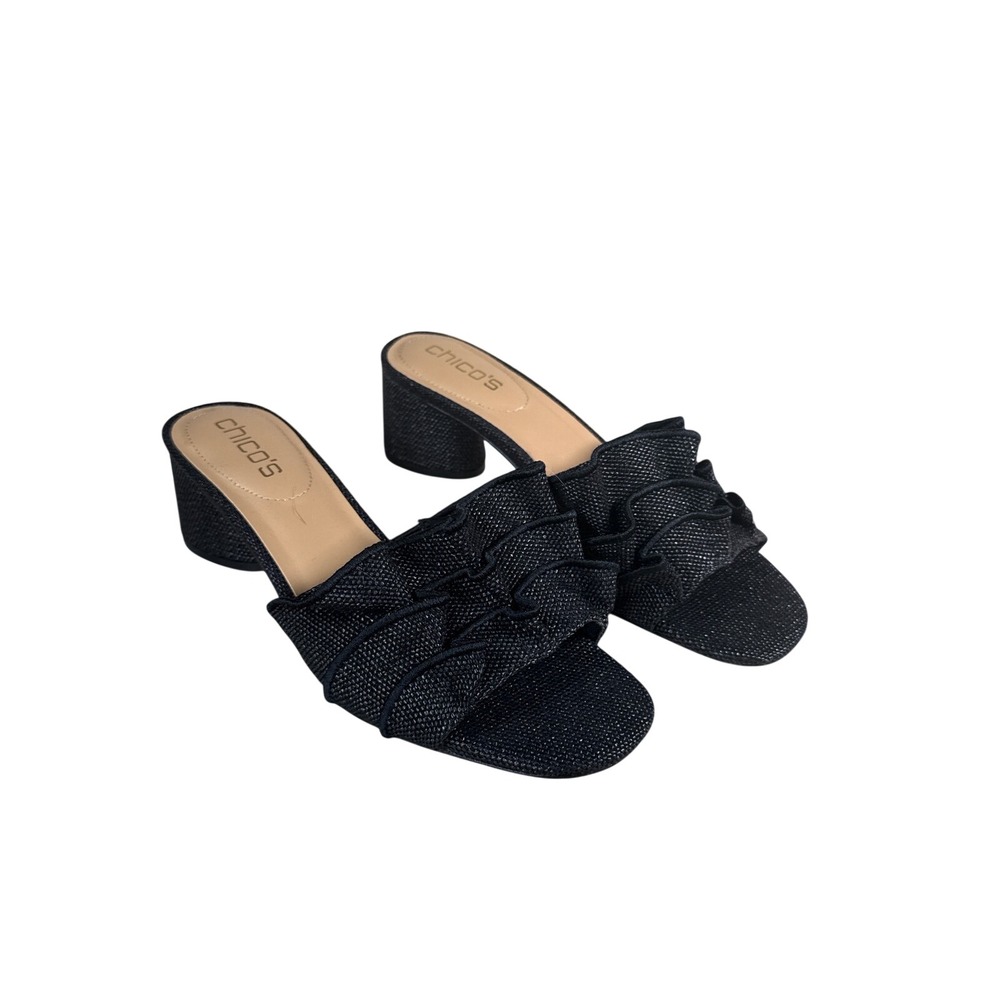 Chicos Whitney Ruffled Heel Black Textured Fabric Block Heel Mules Sandals 7.5M